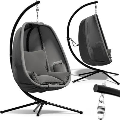 Image de CASARIA® Fauteuil suspendu gris avec coussin structure robuste max. 150 kg panier suspendu intérieur et extérieur poches latérales fauteuil œuf