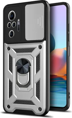 A phone case with a ring stand and camera cover is shown next to a smartphone.