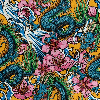 Produktbild von Royal Samt Stoff Polyester Zum Nähen - Motiv Drache und Sakura