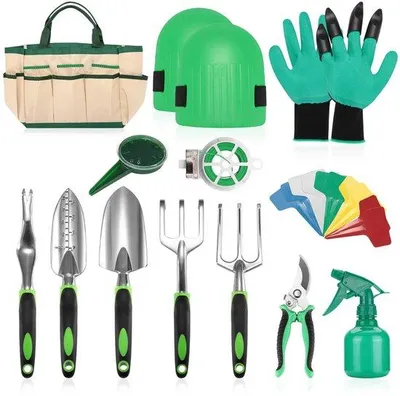 Image de Ensemble d'outils de jardin Unyqoos® – 13 pièces : 12 outils + sac de rangement, acier inoxydable, poignées en caoutchouc ergonomiques, gants avec griffes et protège-genoux
