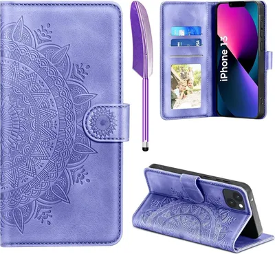 Produktbild von iPhone 13 Lila Lederhülle Wallet Case Prägung Schutzhülle Ständer