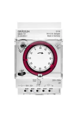 Produktbild von Grässlin 01.28.0003.1 talento 121- analoge Zeitschaltuhr mit 60-Minuten-Programm, Montage auf Hutschiene; mit Steckklemmen