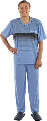 Produktbild von Pyjama Herren lang Schlafanzug Schlafkleidung Nachtwäsche, Farbe:Blau V - Ausschnitt, Größe:3XL