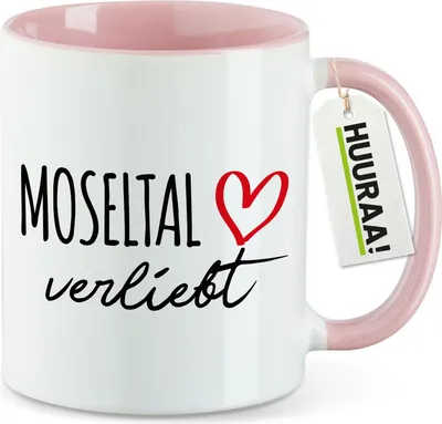 Produktbild von Huuraa Kaffeetasse Moseltal verliebt 330ml Rosa Keramik Kaffeebecher Geschenkidee