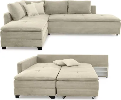 Produktbild von Ecksofa-Dauerschläfer Doppelbett Federkern Bettkasten Couch in Cord Beige Grau / 15161