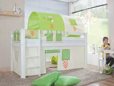 Produktbild von Halbhohes Einzelbett Alex Buche massiv 90x200 cm Weiß lackiert mit Stoff-Set