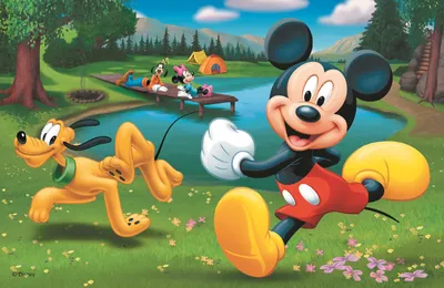 Mickey Mouse and Pluto are enjoying a day by the lake with friends camping in the background.