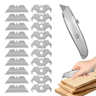 Productafbeelding van Set van 21 tapijtmessen, aluminium, met 20 reservemessen. Inclusief trapeziumvormige messen en haakmessen. Zelfinstellend