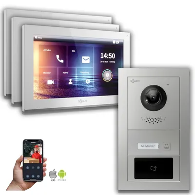 Produktbild von Goliath IP Video Türsprechanlage 3-Monitore RFID : Aufputzdose : 10 Zoll in Weiß : 4er POE (Standard) Türklingel