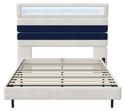 Produktbild von Polsterbett - Doppelbett - LED-Beleuchtung & USB - Samt - Kopfteil - 140 x 190 cm - Modell C - Beige