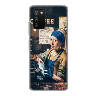Produktbild von MuchoWow® Handyhülle Schutzhülle Hülle für Samsung Galaxy A03s Mädchen mit Perlenohrring - Cappuccino - Barista - Vermeer - Kaffee - Gemälde Silikon Softcase Handy Hülle - Schutz