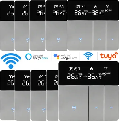 Collage of smart thermostat devices and compatibility logos.