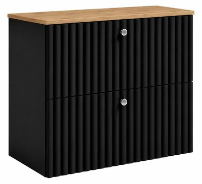 Produktbild von Badezimmer-Hängeschrank mit Platte 60, schwarz + Platte Eiche Craft, Griffe in drei Farben, 60 x 44,4 x 58,6 cm, KI-generiertes Bild
