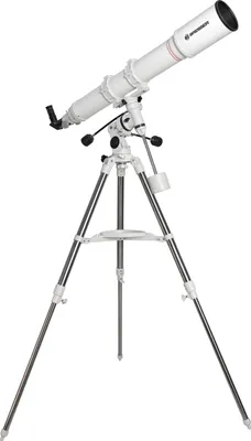 A white telescope on a tripod, isolated on a white background.