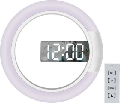 Obrázek produktu pro Zrcadlové nástěnné hodiny LED s dálkovým ovládáním, kulatý digitální budík, světelná dekorace na stěnu, 7 barev, noční světlo, nastavitelný jas, 12/24 hodinový režim, zobrazení teploty, funkce buzení a odložení budíku
