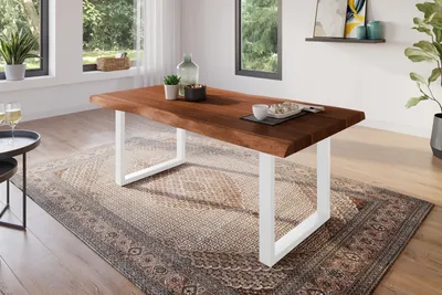 Produktbild von Esstisch 160 x 85 cm Akazie massiv nussbaum Baumkantentisch U-Gestell weiß ATLAS