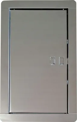 A stainless steel cleaning door, also known as a chimney or stokehole door, is shown in a front-facing view. The door has two rectangular handles and is set within a frame.