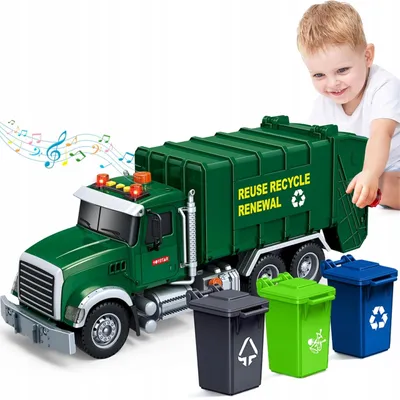 Produktbild von Müllauto Spielzeug 1:12 mit 3 Mülltonnen, Licht und Sound – Müllwagen mit Luftpumpe, Friktionsantrieb, Spielzeug-LKW 40 cm, ab 3 Jahren