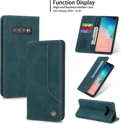 Image de Étui rétro en cuirPolyuréthanepour Samsung Galaxy S10 Plus étui design avec porte-cartes et support bleu