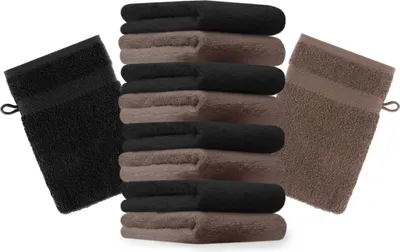 Produktbild von Betz 10 Stück Waschhandschuhe 16x21 cm PREMIUM 100% Baumwolle Farbe: nussbraun und schwarz