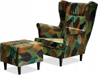 Produktbild von Family Meble Ohrensessel mit Hocker Print Relaxsessel Skandinavisch Bequemer Sessel Loungesessel Fernsehsessel Wohnzimmer Schlafzimmer Büro (LEAF 2)