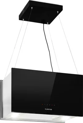 A black and silver island range hood suspended from the ceiling by wires.