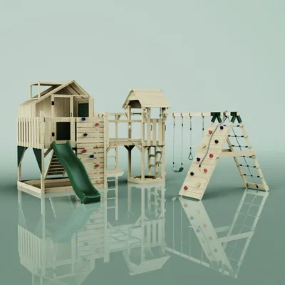 Produktbild von OutdoorToys Spielturm Milo aus Holz in Grün Trapezschaukel