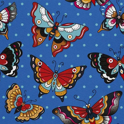 Obrázok produktu pre OUTDOOR DEKOSTOFFE OXFORD - Motívy motýľov na modrom bodkovanom pozadí