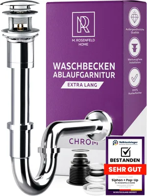Zdjęcie produktu dla M. ROSENFELD HOME Bardzo długi syfon Armatura odpływowa do zlewu z przelewem POP UP - Rura odpływowa do umywalki - Syfon rurowy syfonu wykonany ze stali nierdzewnej (rozmiar XL)