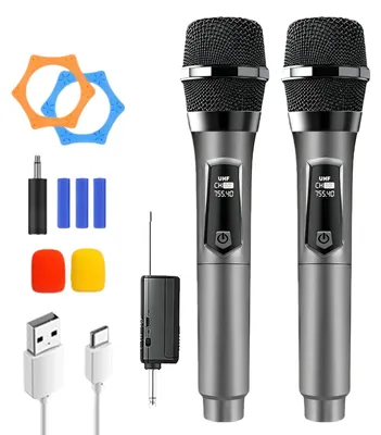 Produktbild von Kabelloses Mikrofon, Wiederaufladbares Funkmikrofon, Dual-Handmikrofon mit USB-C, Mikrofon Kabellos, UHF Kabelloses Mikrofonsystem Plug-and-Play für Karaoke DJ Reden Partys Bühne Hochzeiten(Grau)