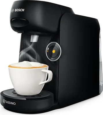 A black Bosch Tassimo coffee machine is shown with a cup of coffee.