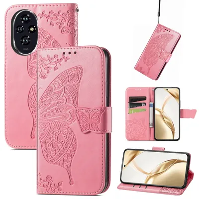 Image de Étui pour téléphone Honor 200 en similicuir, motif papillon, rose