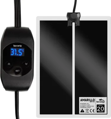 A black heating mat with a digital thermostat and LCD display.