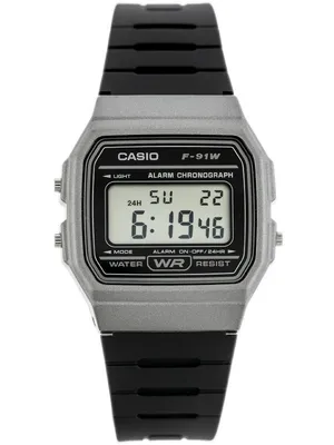 A close-up studio shot of a Casio F-91W digital watch against a white background.