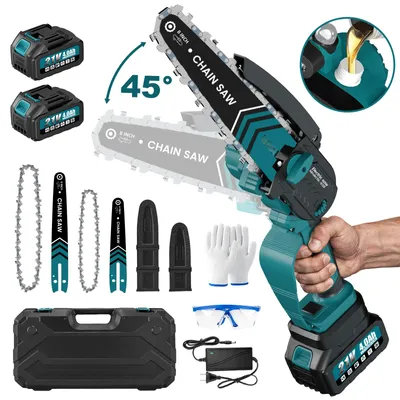 Produktbild von Akku-Kettensäge 6+8 Zoll Bürstenloser Mini Kettensäge mit 2x 4000 mAh Akku, 1200W Einhand HandKettensäge für Gartenscheren Holzschneidenz