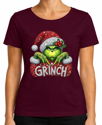 Produktbild von Grinch Weihnachten Strass Glitzer Optik Ugly Christmas Sweater Damen T-Shirt, Burgundy, M