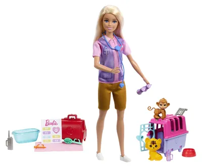 Produktbild von Barbie-Tierrettungsspielset mit blonder Puppe, 2 Tierfiguren und Zubehör