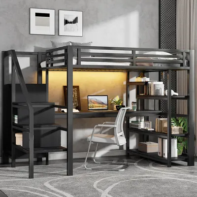 Produktbild von Metall-Hochbett 140x200 cm mit Schreibtisch & Treppe, Multifunktionales Bettgestell mit Kleiderschrank, Stauraum, LED & USB, Schwarz