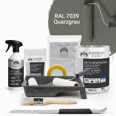 Produktbild von WO-WE Komplettset 2K Fliesenlack Renovierungsset für Küche, Badezimmer, Wand- & Bodenfliesen Quarzgrau 2,5Kg