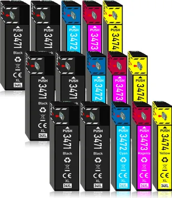 A collection of printer ink cartridges arranged in a staggered pattern against a white background.