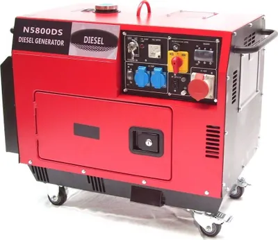 A red and black diesel generator with wheels and a control panel.