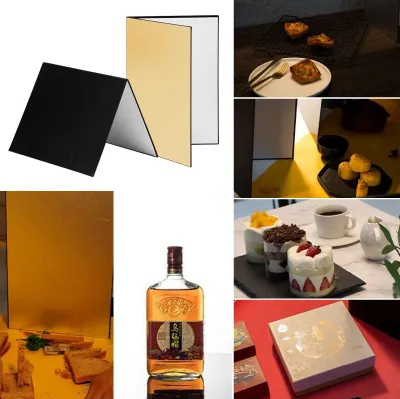 Zdjęcie produktu dla kartonowy odbłyśnik/dyfuzor fotograficzny 3 w 1 (czarny + biały + złoty) do fotografii martwej natury, produktów i żywności, format A4