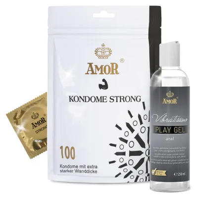 Produktbild von AMOR Premium Kondom und Gleitgel Set - 100 Kondome Strong 0.08 mm, Ø 53 mm + Vibratissimo Play Gel anal 250 ml