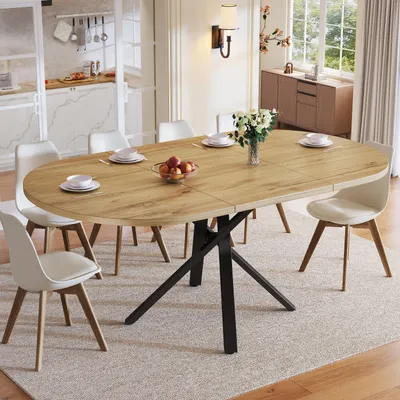 Produktbild von MODFU Ausziehsbarer Esstisch mit X-Metallgestell Oval Tisch 100-140cm Holzoptik Wohnzimmertisch mit Verstellbare Füße Natur