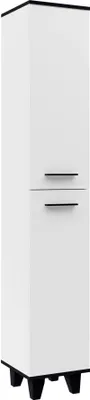 A tall, white bathroom cabinet with black handles and black feet.