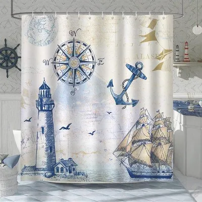Produktbild von Unyqoos® Maritimer Duschvorhang 180 x 180 cm, 100% Polyester, wasserabweisend & waschbar, Anker- & Segelboot-Motiv, inkl. 12 Haken, verstärkte Ösen