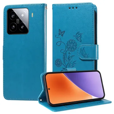Produktbild von Mobigear Blumen-Handyhülle für Xiaomi 15 – Klapphülle mit Geldbörsenfunktion – Blau
