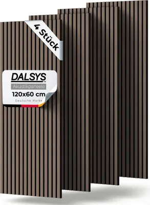 Produktbild von Dalsys 4x Akustikpaneele Holz 120x60cm mit Lamellen Walnuss - Wandpaneele Holz für Schallschutz in Büro- & Wohnräumen - Akustik Paneele Wand - 3D Wandverkleidung innen - Holzpaneele Wand