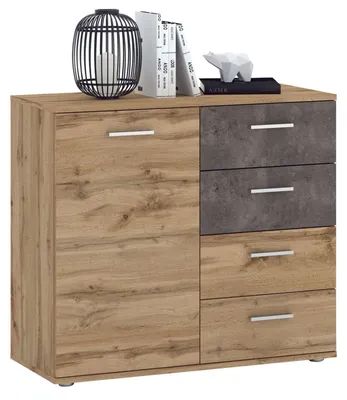 Produktbild von Kommode Sideboard Schrank CHICAGO in Wotan Eiche/Beton dunkel, mit Tür und 4 Schubladen Highboard
