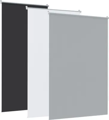 Three roller blinds in different colors displayed side-by-side.